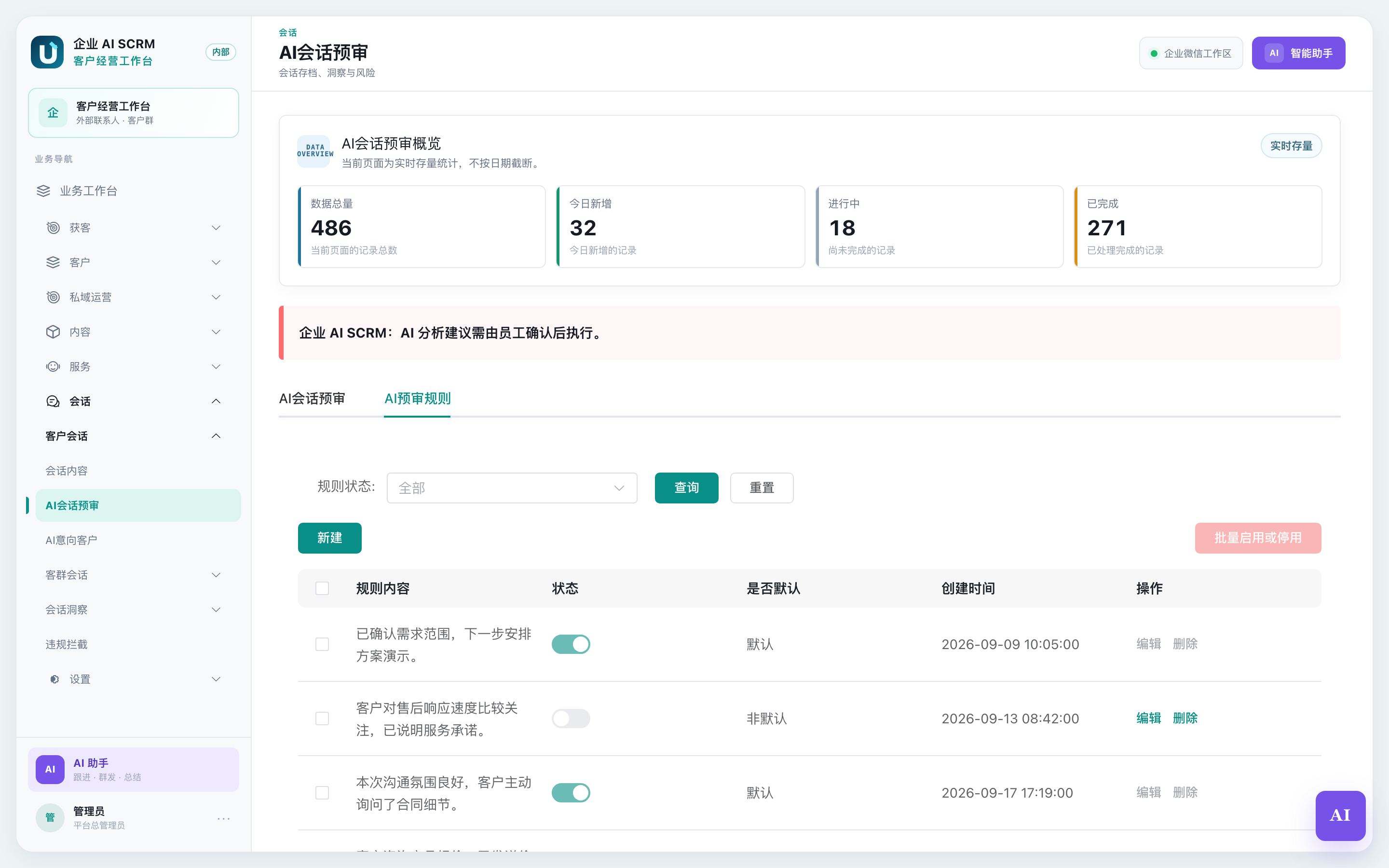 「AI预审规则」标签页:每条规则的内容、状态、是否默认和操作按钮