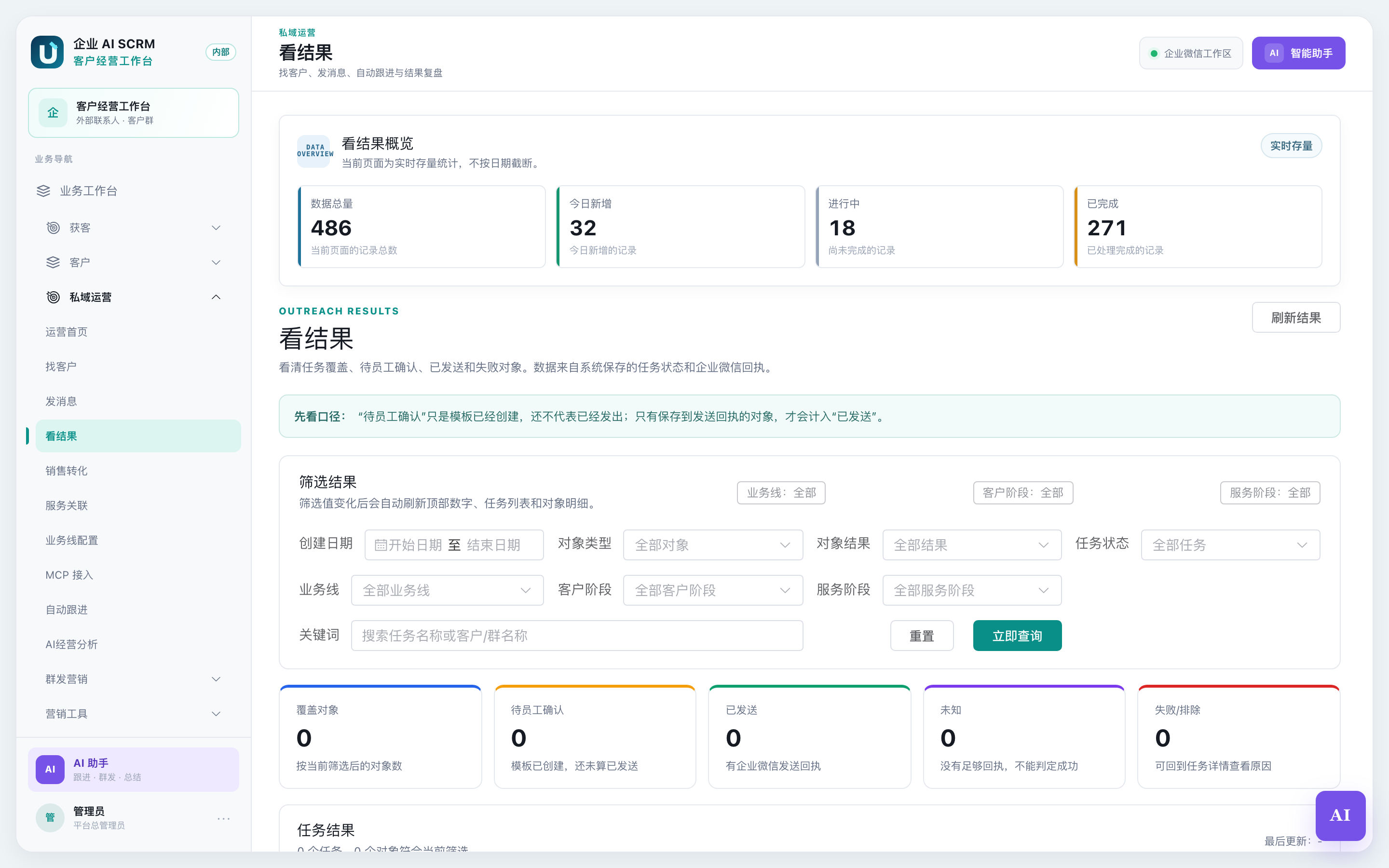 看结果页面全貌:顶部五张结果卡,下面是任务结果和对象明细两张表