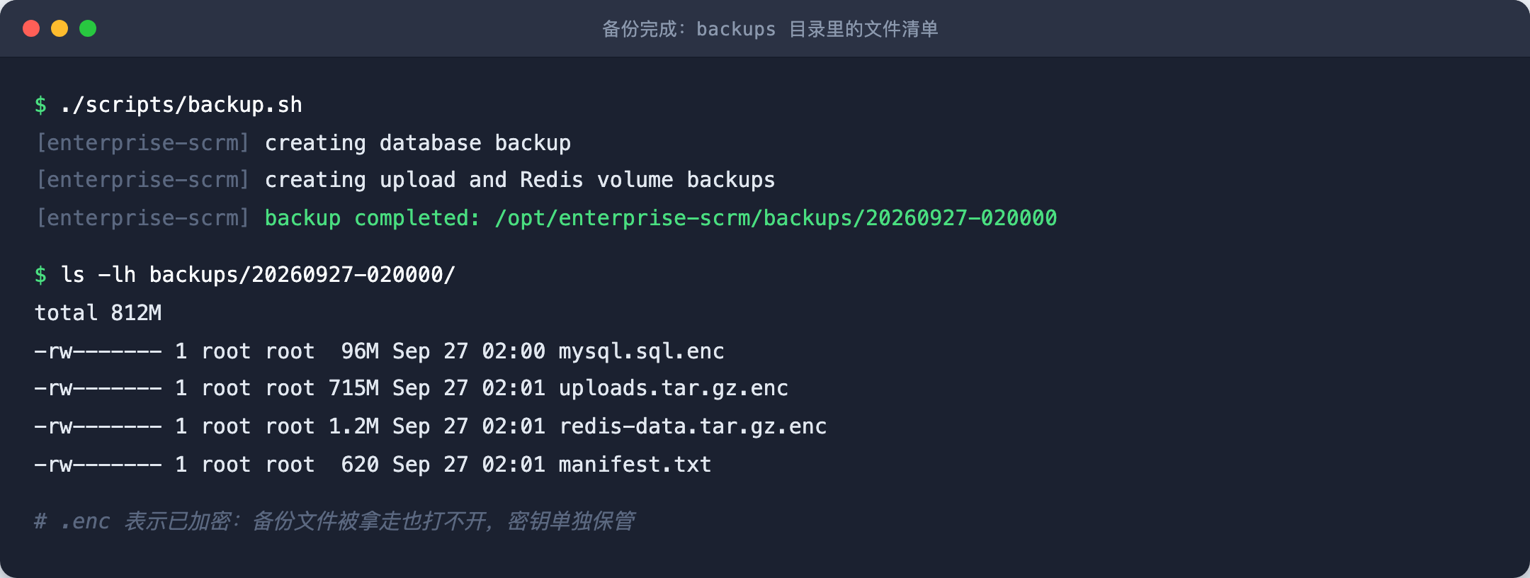 备份完成后 backups 目录里的文件清单