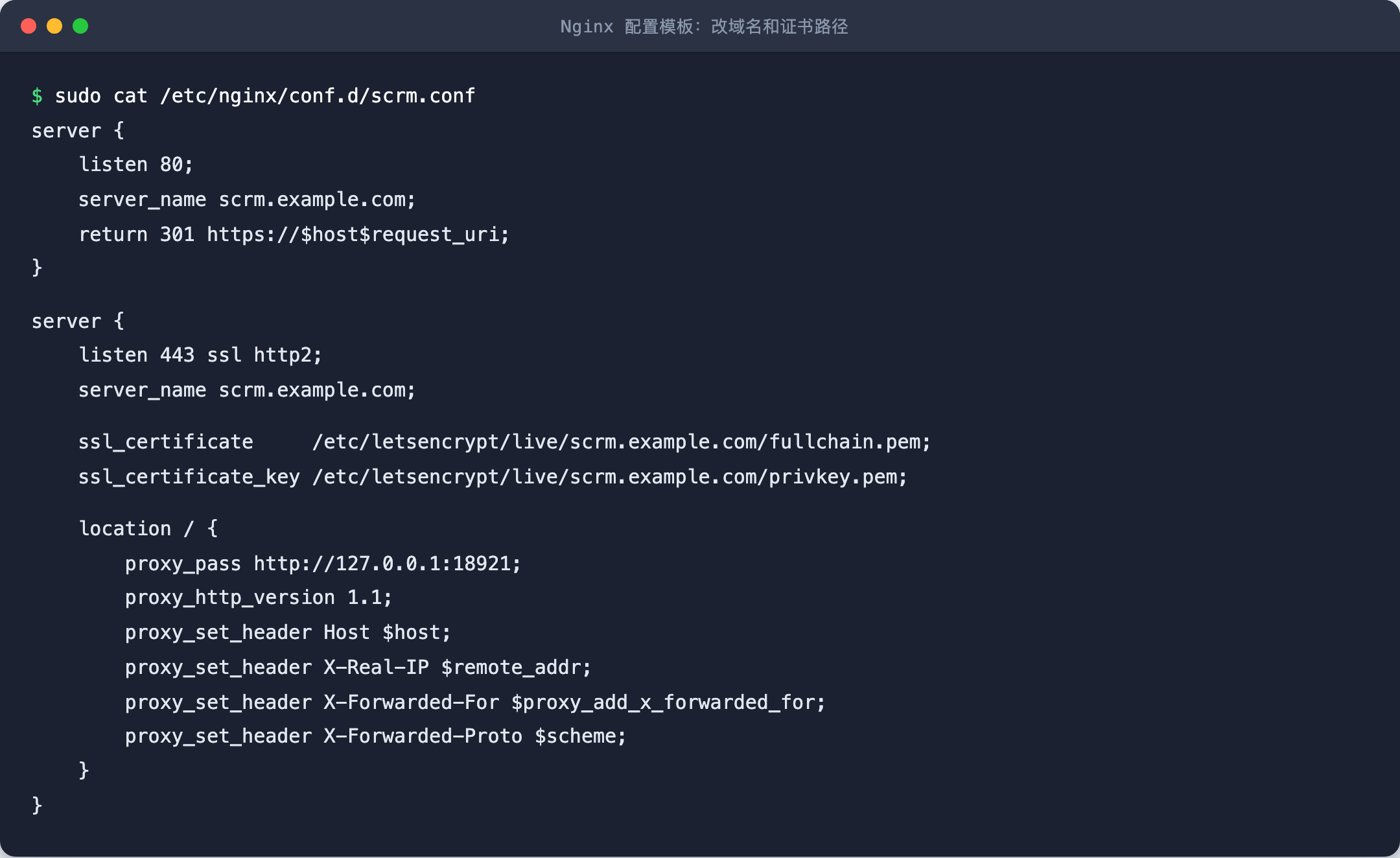 Nginx 配置模板:改域名和证书路径